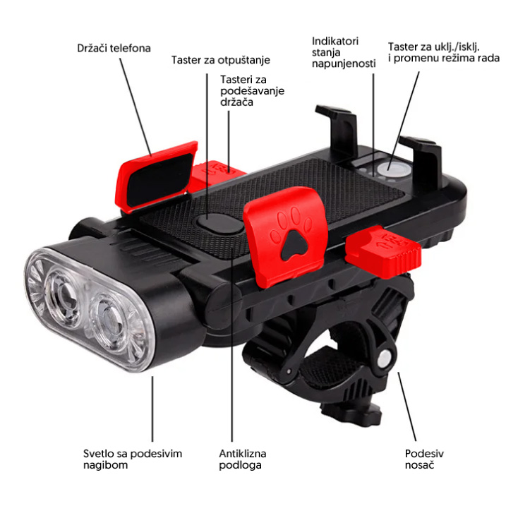 Punjiva LED lampa za bicikl sa sirenom i nosačem