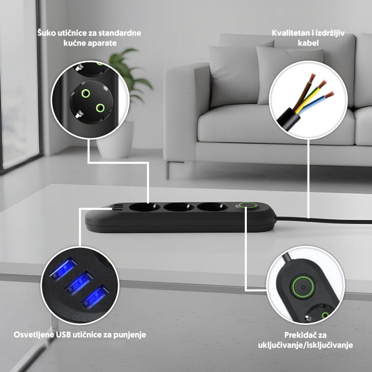 Razvodnik sa 3 mesta 2m 1.5mm2+pr. 3xUSB slika 2