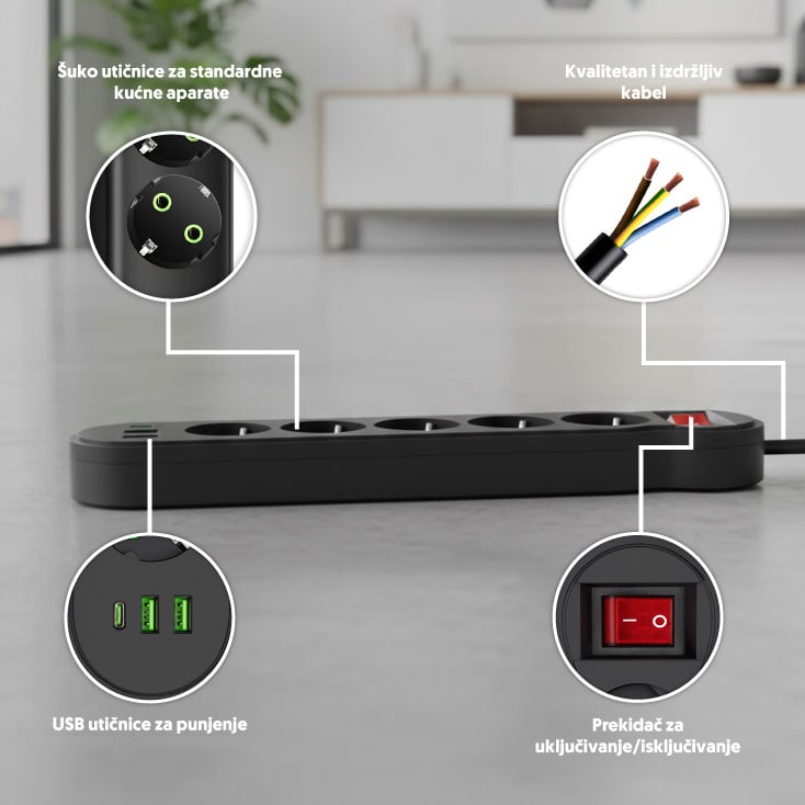 Razvodnik sa 5 mesta 2m 1.5mm2+pr. 2xUSB+tip C slika 2