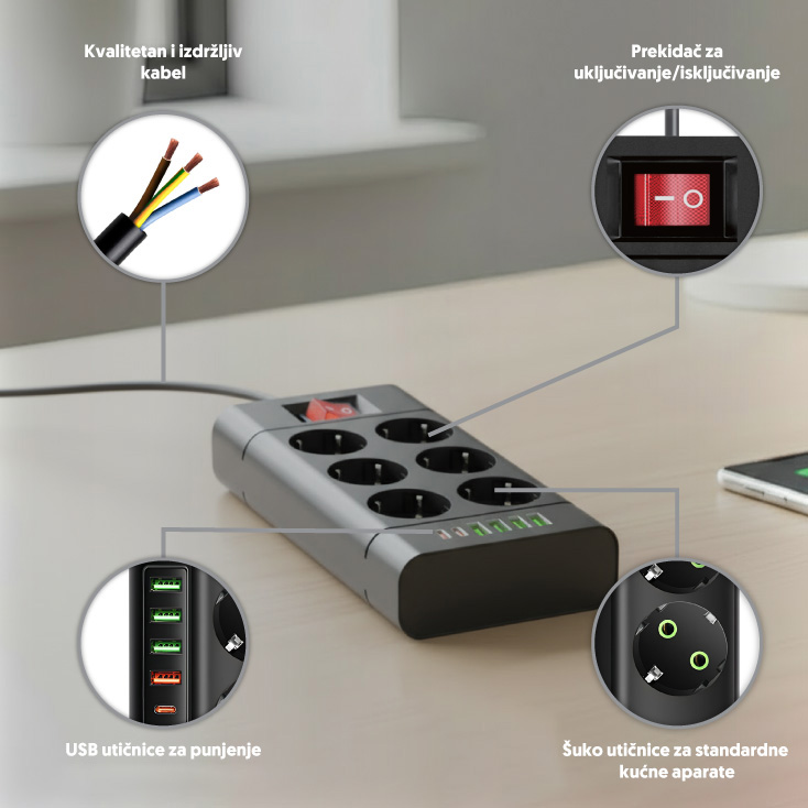 Razvodnik sa 6 mesta 2m 1.5mm2+pr. 4xUSB+2xtip C slika 2