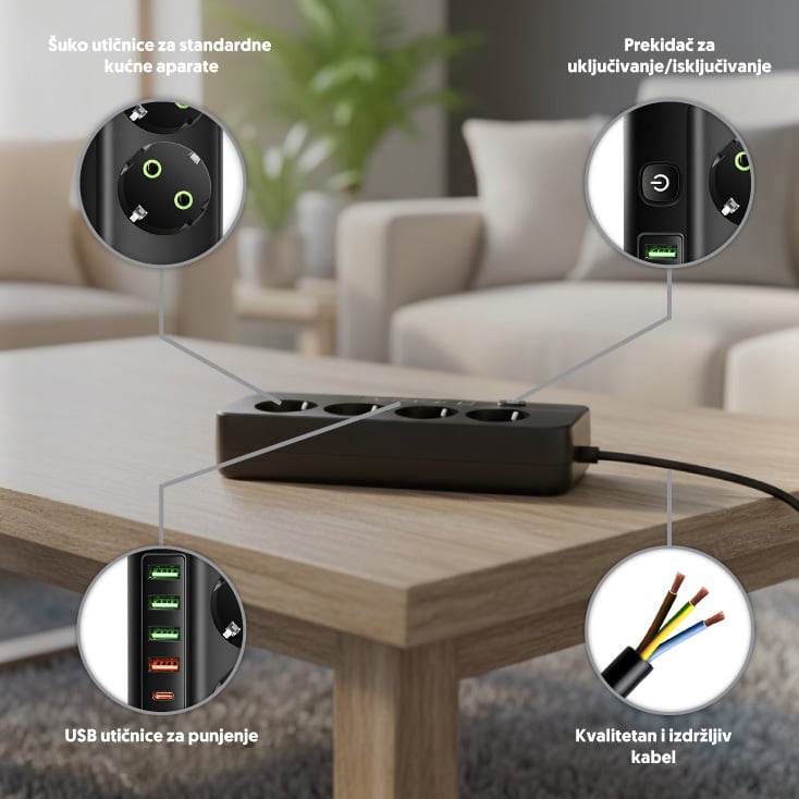 Razvodnik sa 4 mesta 2m 1.5mm2+pr. 4xUSB+tip C slika 2